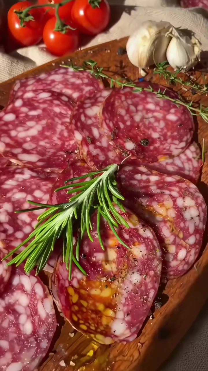 Fette di salame guarnite con rosmarino, olio d'oliva e pepe nero