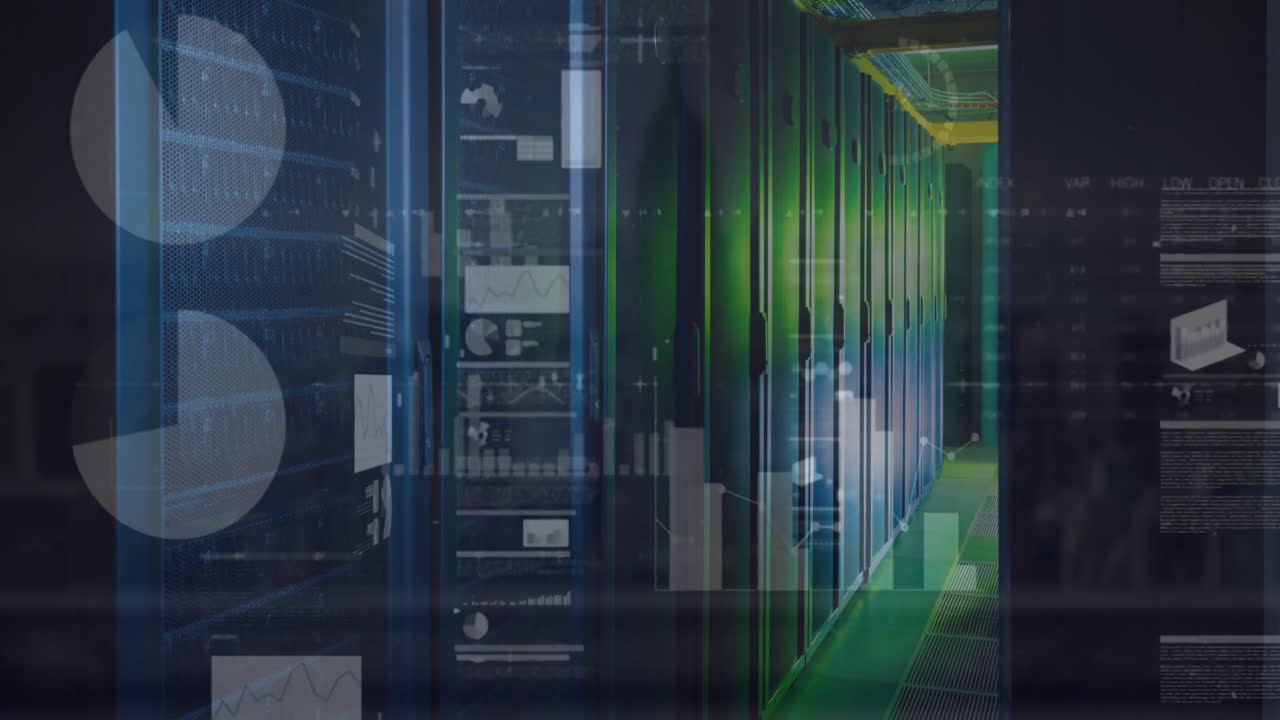 Animation of screens with statistical data processing against computer server room