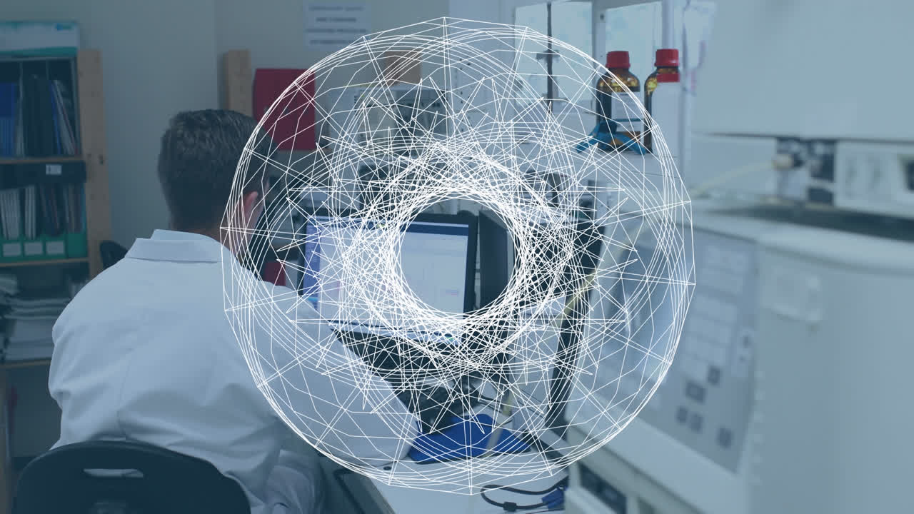 컴퓨터를 이용한 남성 의사 위의 색 원의 애니메이션