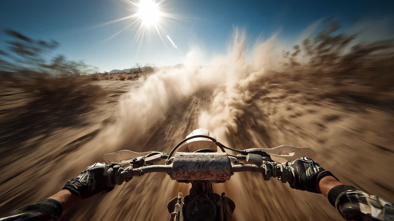 Dirt biker speeding on dusty road under the sun