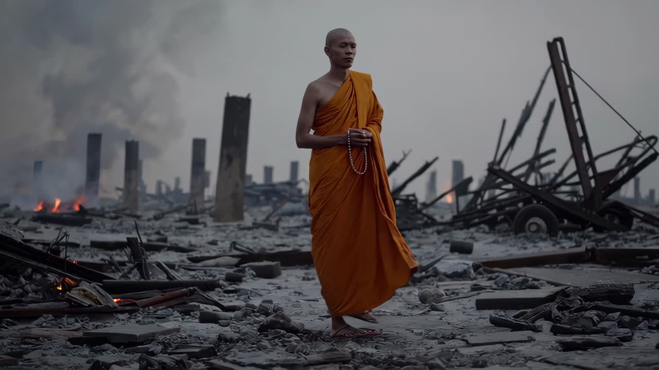 monje en una zona de guerra