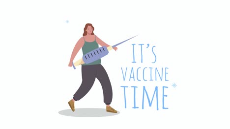 la inscripción de la hora de la vacuna con la jeringa de elevación de la mujer