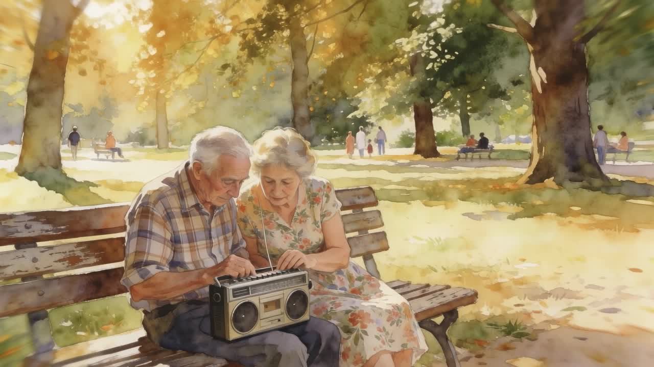 Pareja de ancianos sintonizando una radio en un banco del parque, el hombre girando el dial y extendiendo la antena, escuchando.