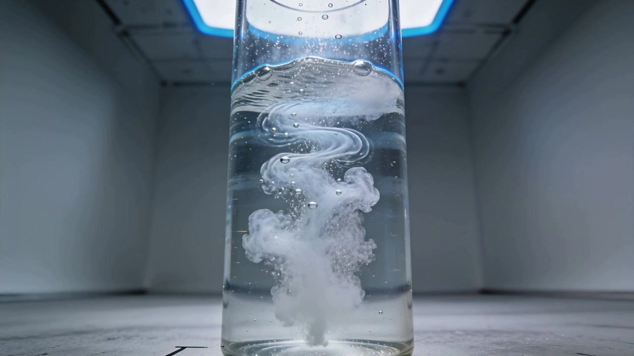 Polvere che si scioglie formando una scia vorticosa all'interno di un becher su un banco sotto una luce blu, rilasciando bolle