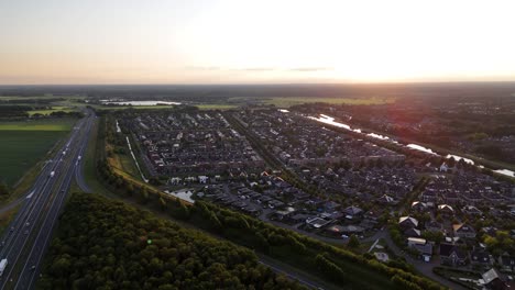 aerial view of a residential area at sunset