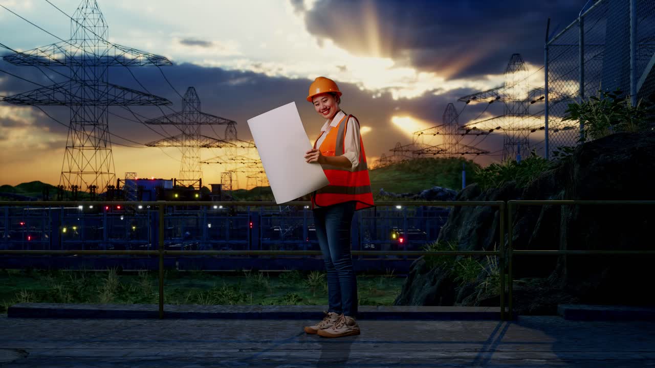 Full Body Side View Of Asian Female Engineer With Safety Helmet Looking At Blueprint In Her Hands While Standing Near High Voltage Tower