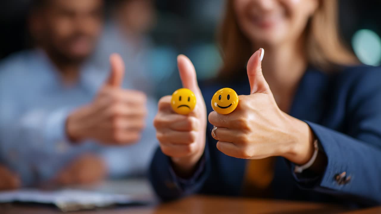 A Positive and Negative Emotion Representation in a Professional Setting: Two Individuals Expressing Different Reactions with Thumbs Up Gestures and Smileys on Their Fingers
