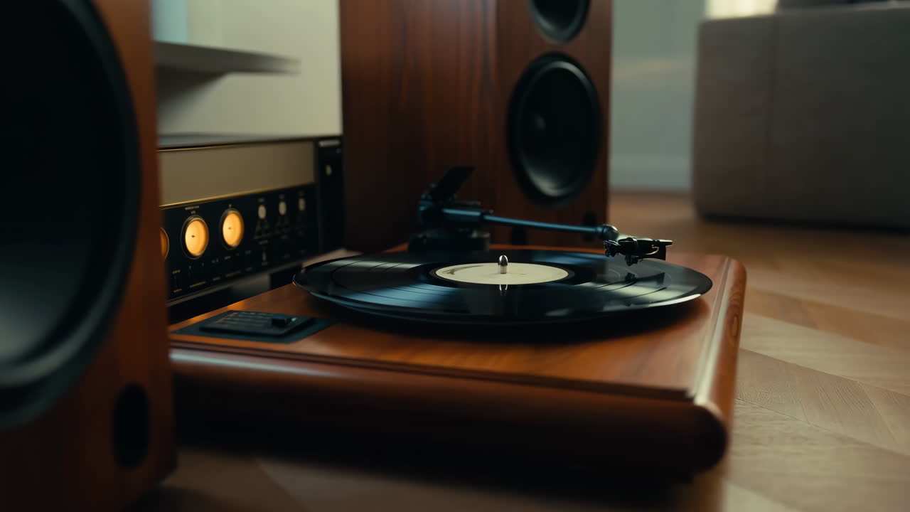 Vintage Turntable with Vinyl Record and Audio Setup