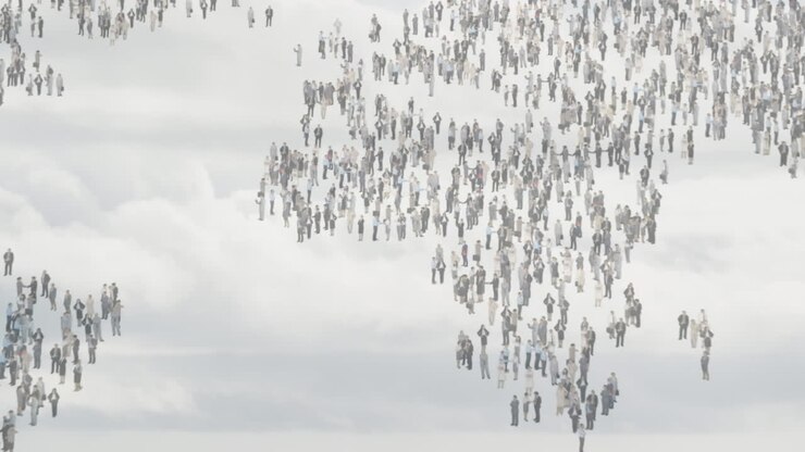 Business people forming world map over grey clouds in background