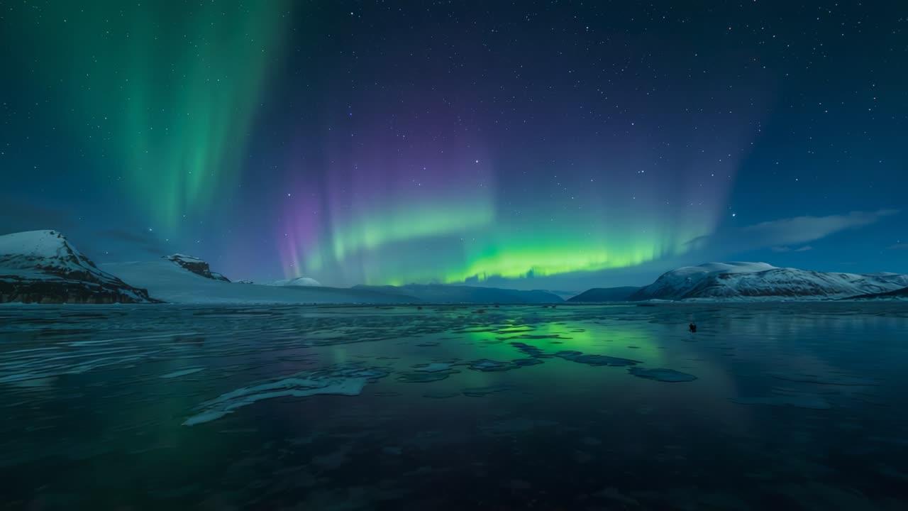 Starting with green glow, aurora ribbons dancing under starry sky across fjord, casting reflections