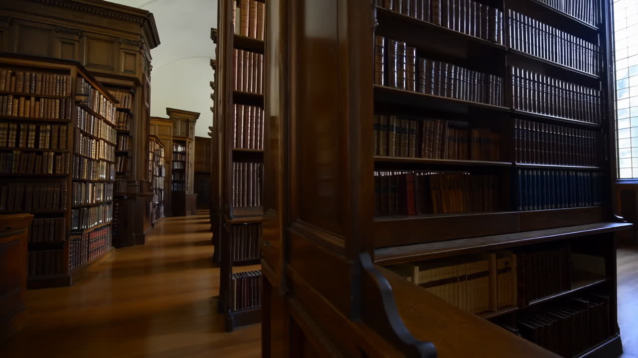 A long hallway in a traditional library with tall wooden bookshelves filled with books