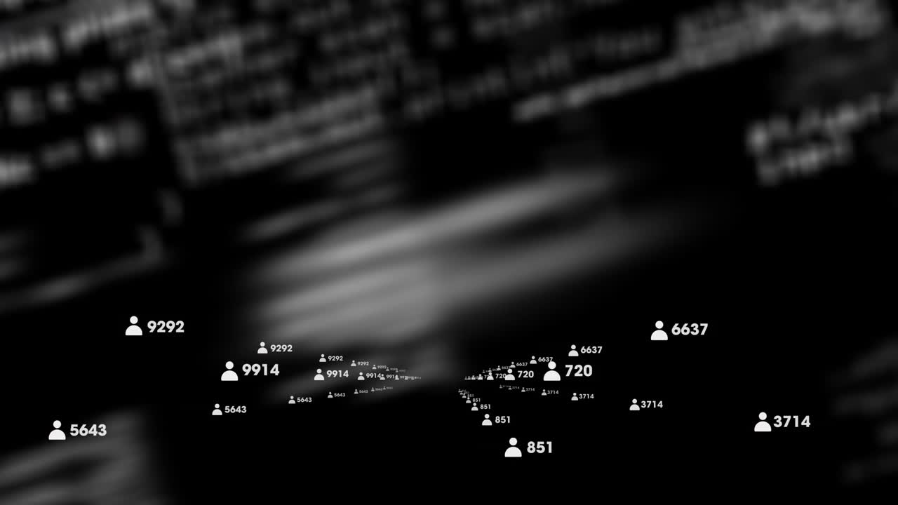 Labeled user icons moving and scaling across blurred code backdrop, live data feeding view for tech