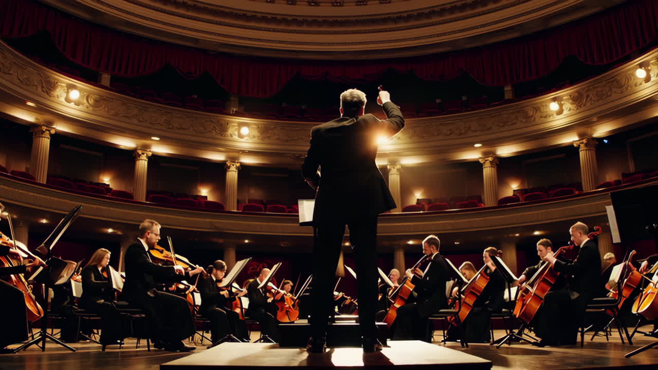 Orchestra Performing Live Concert in a Grand Hall
