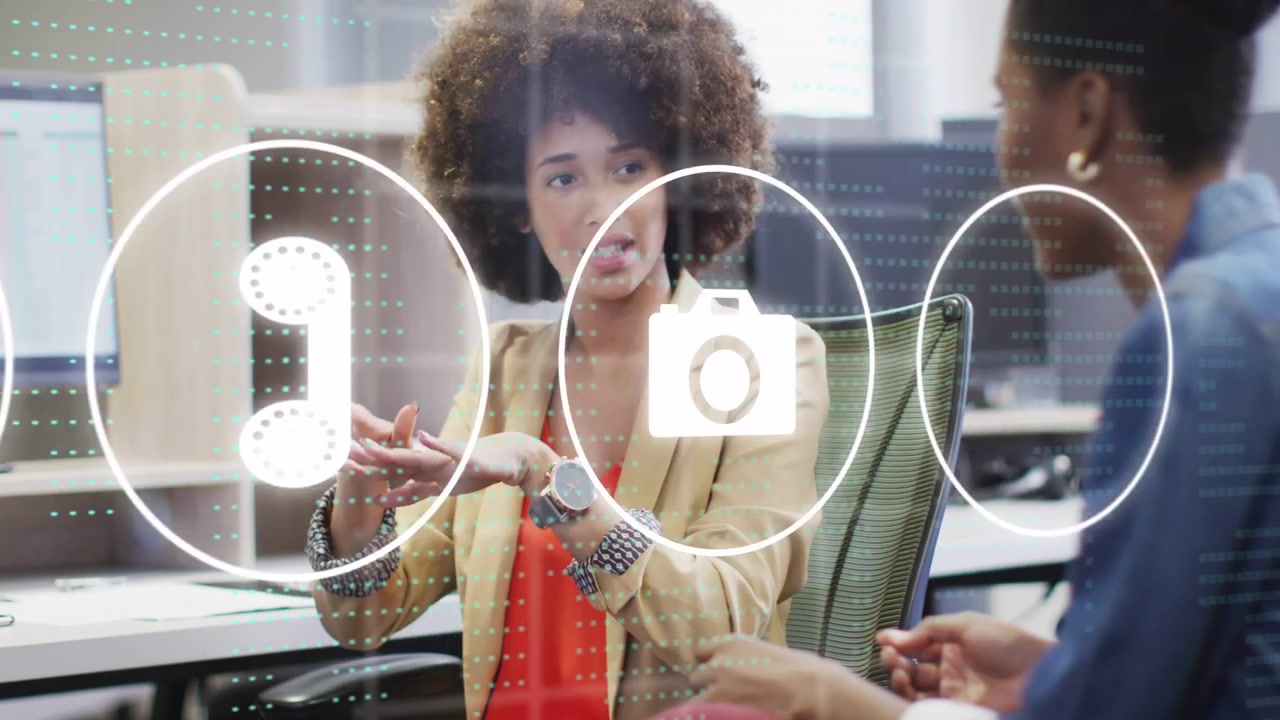 Speaking woman raising hands starting user and phone icons overlaying view explaining business plan