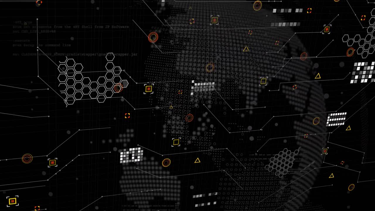 animación de gráficos, datos e íconos sobre un fondo negro