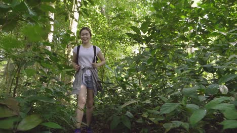 Asian Girl Walking In Deep Forest, Slow Motion