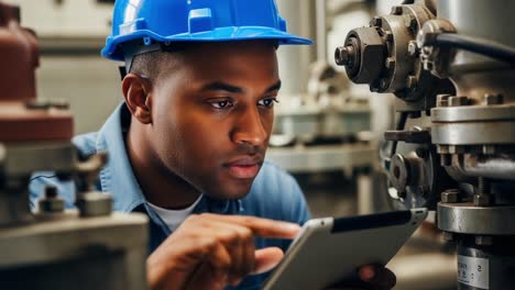 focused industrial worker analyzing equipment data via tablet in factory setting, wearing safety gear and helmets for enhanced workplace safety and efficiency