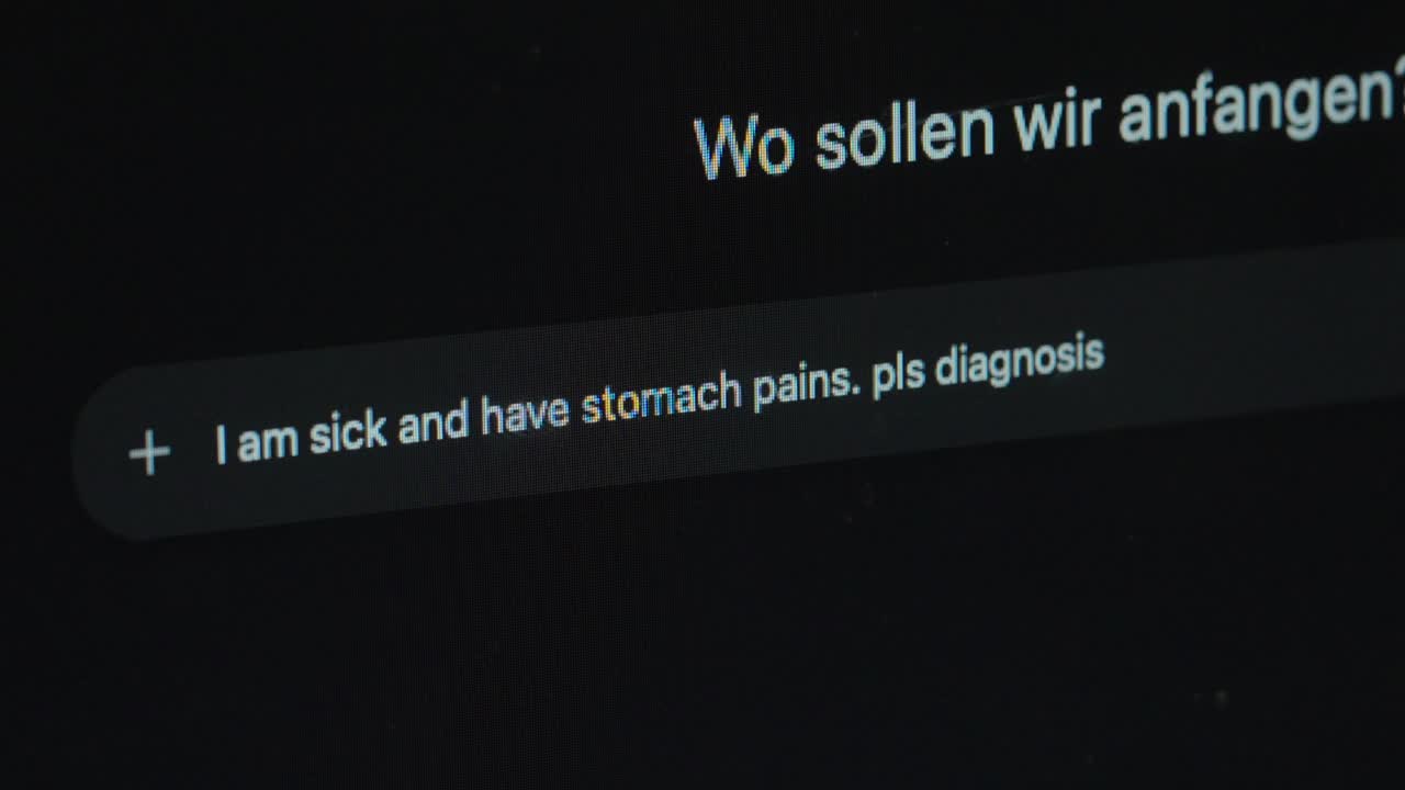 Close-up of a user typing symptoms into an AI interface to ask for a possible diagnosis. Concept of artificial intelligence in healthcare, digital health support, symptom checking, and modern medical