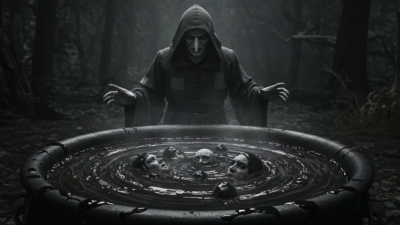 A Mysterious Figure Engaged in Dark Rituals Over a Cauldron Filled with Eerie Floating Heads in a Shadowy Forest Environment
