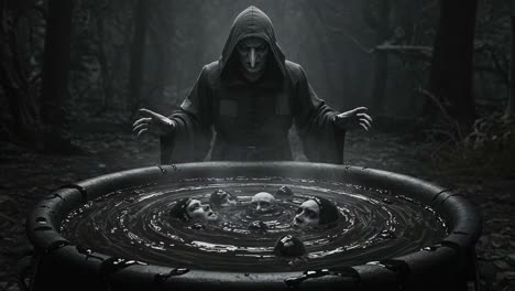 a mysterious figure engaged in dark rituals over a cauldron filled with eerie floating heads in a shadowy forest environment