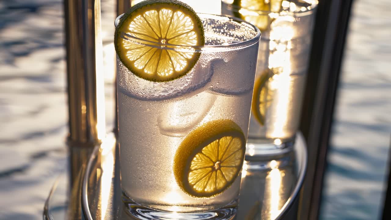 Video ravvicinato di una bevanda rinfrescante con fette di lime e ghiaccio, ripreso al tramonto