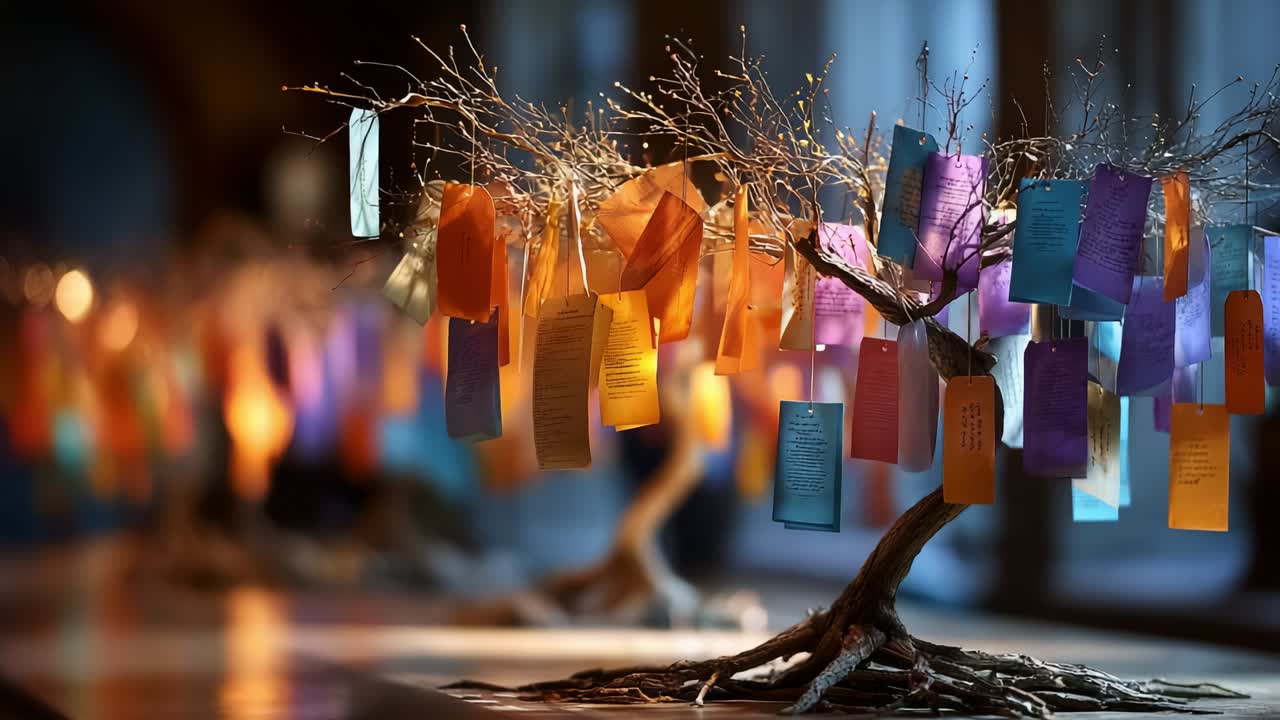 A Captivating Display of Artistic Trees Adorned with Colorful Tags, Showcasing a Blend of Creativity and Emotion as Light Filters Through a Unique Installation in an Inviting Space
