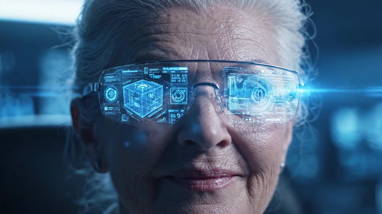 Una Scienziata Saggia si Trasforma Attraverso la Tecnologia: Il Viaggio dell'Innovazione Catturato in Due Fotogrammi che Mostrano una Scienziata con Occhiali Futuristici