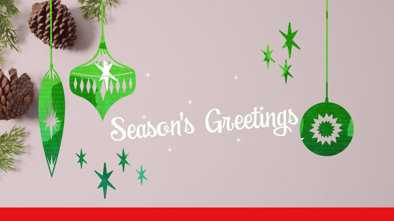 animación de las estaciones saludos texto sobre conos de pino de navidad.