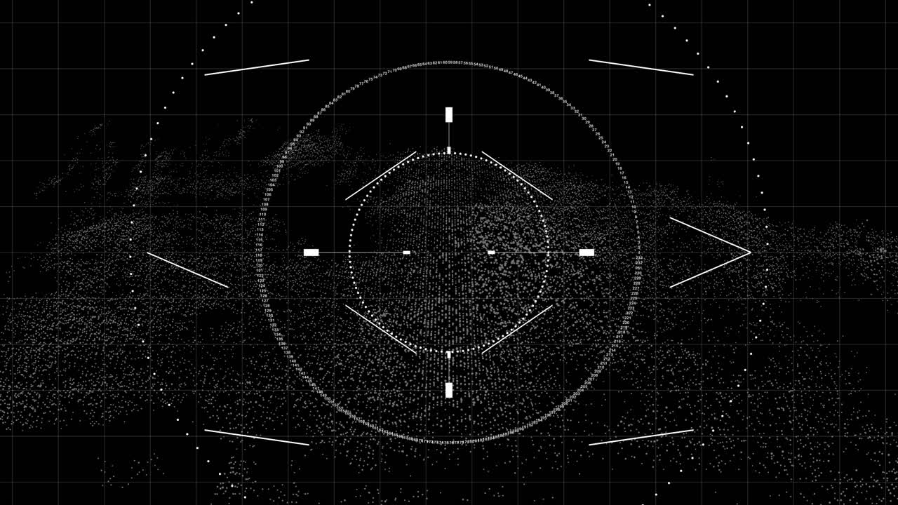 A precision targeting reticle over a white point cloud terrain. Perfect for military tech visualizations, drone HUDs, data mapping, and futuristic gaming interfaces