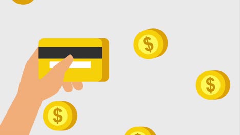 banco de tarjetas de crédito en la mano y monedas que caen