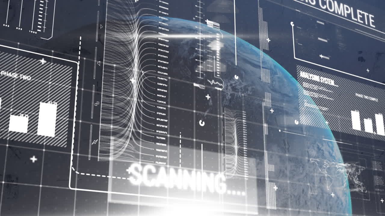 금융 데이터 처리의 애니메이션과 검은색 배경의 지구