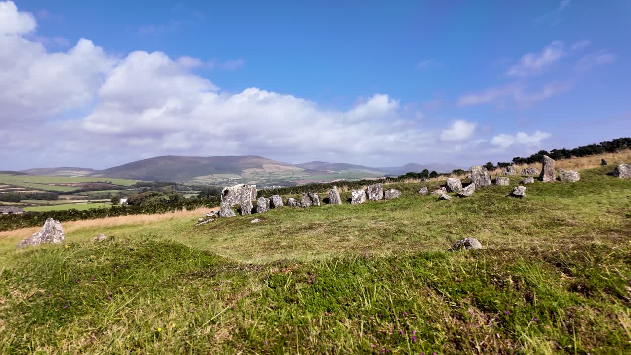 Ancient stone foundations of an Iron Age roundhouse and Norse longhouses on a grassy hill in Isle Of Man