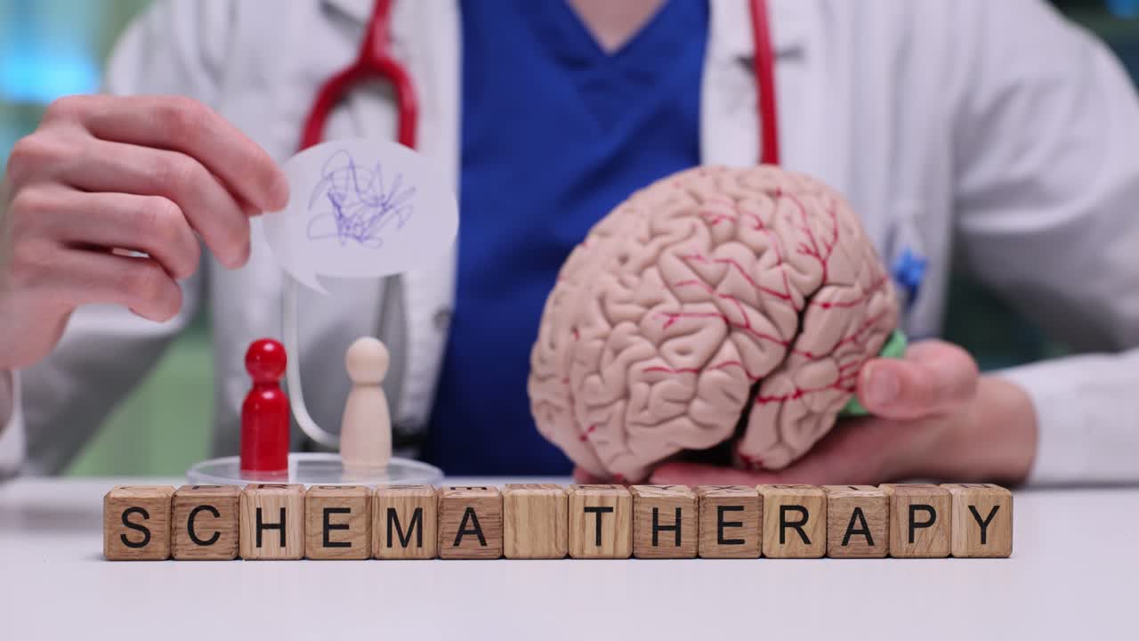 Profissional de Saúde Explicando a Terapia do Esquema com Modelo de Cérebro