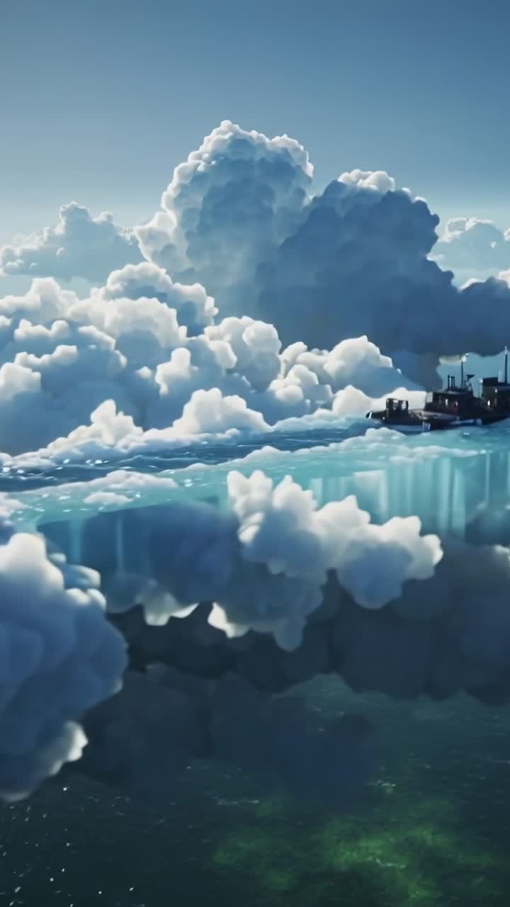 Vertical video: Camera pulling back cloud shelf cascading mist while vessels hugging edge for VFX