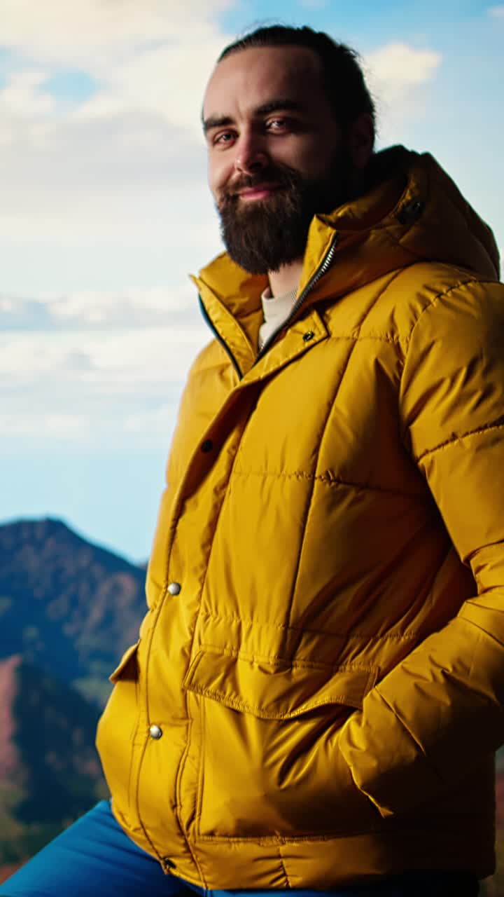 Bearded Man in Yellow Jacket Looking at Mountain View and Smiling