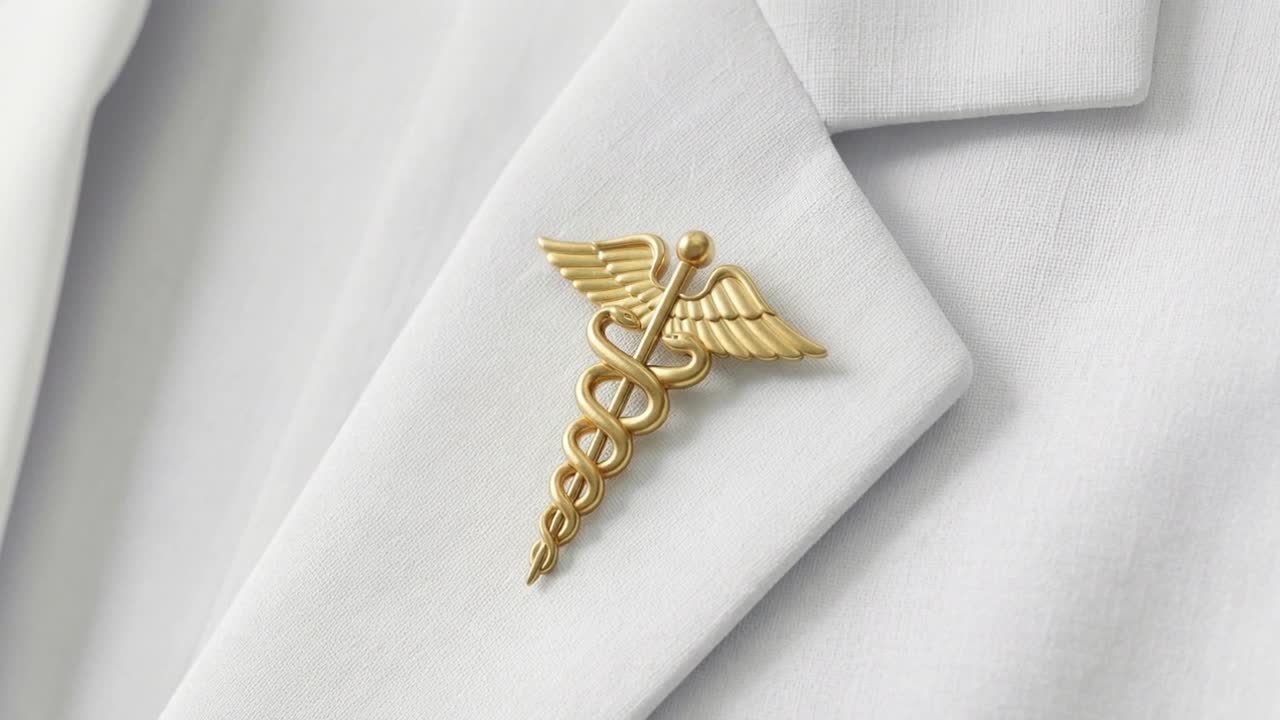 Pin's Symbole Caducée Doré sur Blouse Médicale Blanche