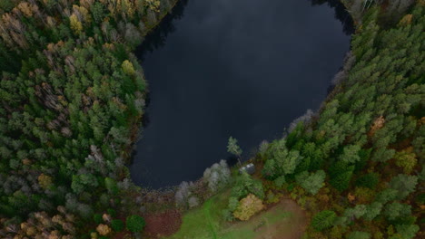 Wunderschöne-Absteigende-Luftdrohnenaufnahme-Eines-Hauses-In-Der-Nähe-Eines-Sees-Im-Labanoras-Wald-In-Ostlitauen,-Mitteleuropa