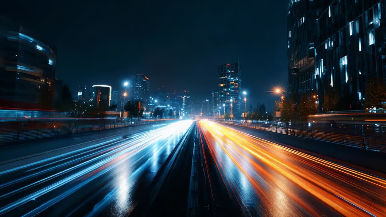 Nighttime Urban Scene Featuring Blurred Light Trails from Moving Vehicles on a Busy Road, Surrounded by Modern Buildings Illuminated by City Lights, Creating a Dynamic Atmosphere Full of Motion and Energy