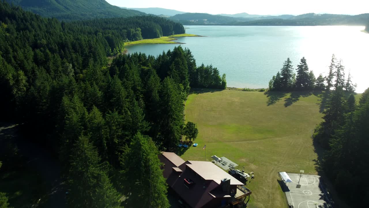 US, Oregon, Eugene, 2025-07-01 - Drone view of the group summer camp Sky Camp at Fall Creek Lake