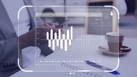 animación de datos en la pantalla sobre un hombre de negocios caucásico con teléfono inteligente