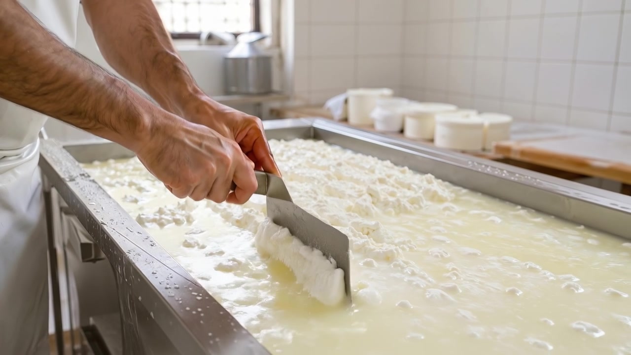 Close up of a cheese maker cutting fresh curd in a large stainless steel vat