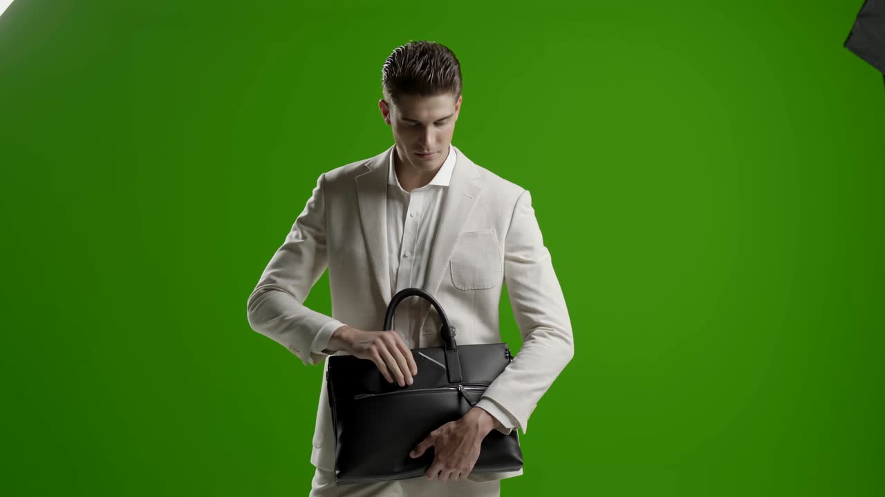 joven hombre de negocios guapo pantalla verde usando teléfono inteligente sonriendo tomando fotos selfie con el teléfono