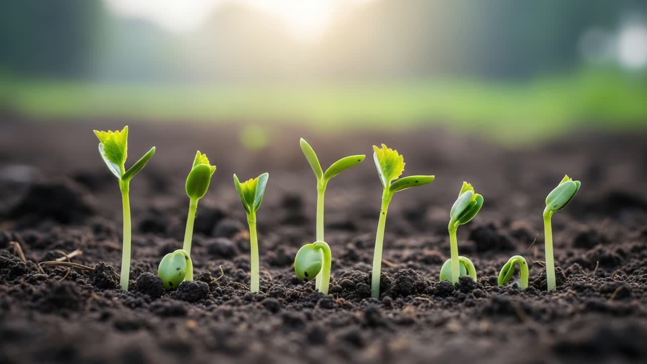 A Journey of Growth: Capturing the Transformation of Sprouting Seedlings in Rich Soil Under a Beautiful Sunrise