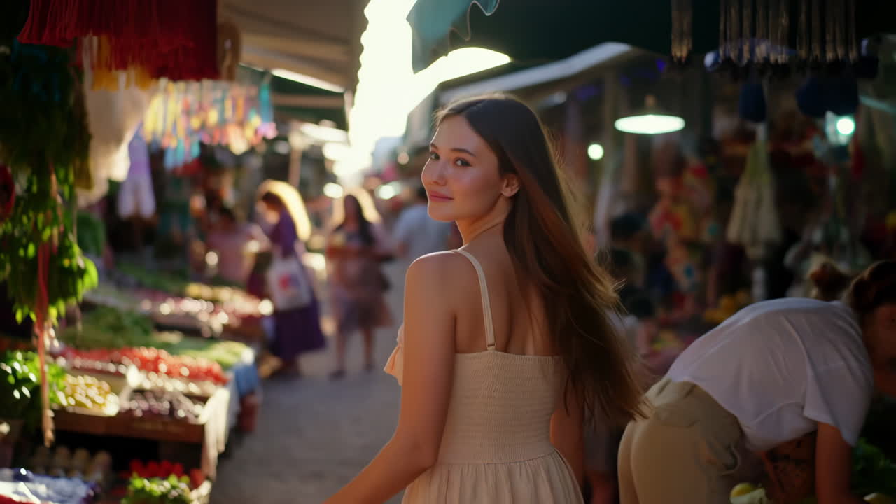 Woman walking and smiling in a vibrant outdoor market