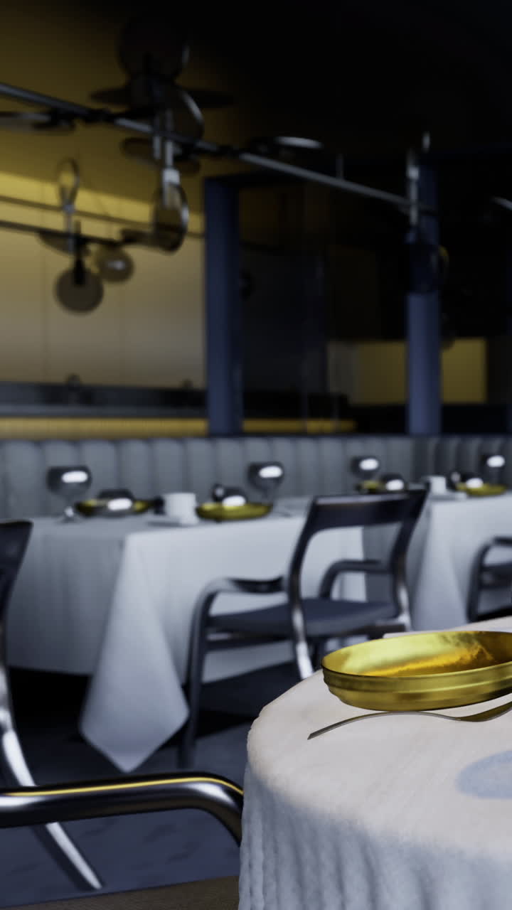 Mesas puestas con platos en un restaurante preparándose para el servicio de cena por la noche.