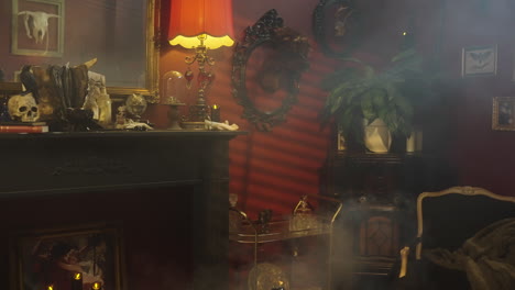 interior of an antique house with mystical decorations and smoke. - wide shot