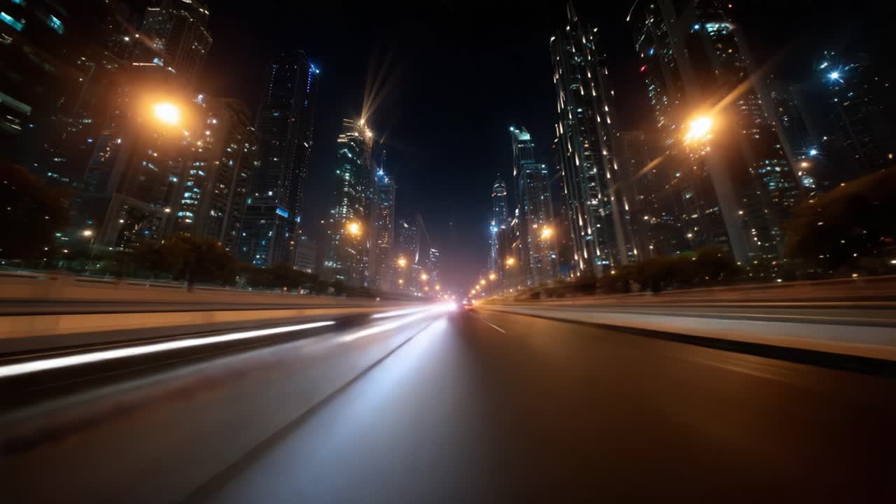 Paesaggio notturno dinamico: un viaggio ad alta velocità attraverso uno skyline cittadino luminoso con luci che scorrono e grattacieli scintillanti sotto il cielo notturno.