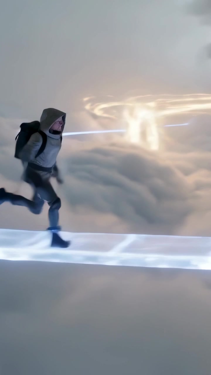 Video verticale: Entrando da sinistra, un corridore incappucciato corre su un sentiero illuminato sopra le nuvole con uno zaino verso un anello.