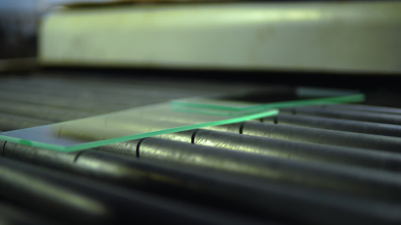 Low Angle View Of Panes Of Small Glass On Rolling Machine Being Inspected By Worker. Close Up