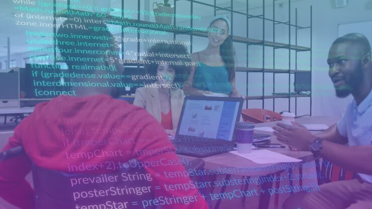 Animation of data processing over diverse business people working at office